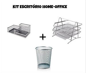 Kit Aramado Porta Canetas + Prateleiras + Cestinho Prata