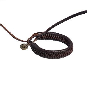 Pulseira Em Couro São Bento Trançado Marrom Escuro