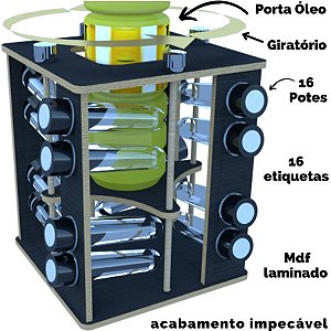 Porta Tempero Giratorio Preto 16 Potes Suporte Óleo