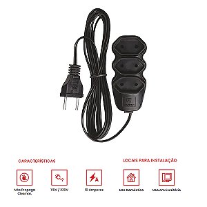 Extensão 3 Tomadas 2P 10 Metros 10A Fio Paralelo 2x0,75mm Preto Megatron