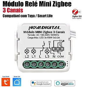Mini Relé Zigbee de 3 Canais Tuya Nova Digital
