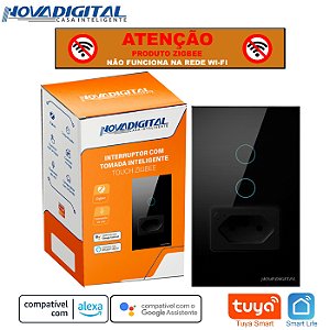 Interruptor Zigbee de 2 Botões e 1 Tomada 20a Preto Tuya Nova Digital