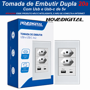 Tomada de Embutir 4x2 de 20a com Usb e Usb-c Padrão Linha Nova Digital - NÃO É SMART