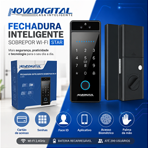 Fechadura Smart Star Wi-fi de Sobrepor com Biometria Senha e Abertura por Facial Tuya Nova Digital