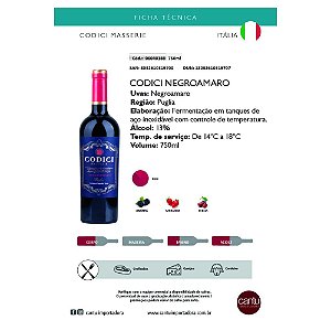 Vinho Tinto Italiano Codici Masserie Negro Amaro Puglia 750ml