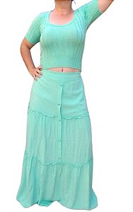 Conjunto Blusa  Modal/ Saia Longa Pipoca  Azul - Amorecas Fashion