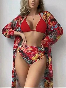 Conjunto de biquíni de cintura alta feminino com saída de praia manga longa