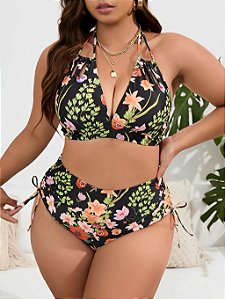 Conjunto de biquíni  floral  cintura alta detalhe amarril  na tanga