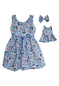 Kit Vestido Infantil e Boneca Petit Camélias Azul