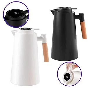 Garrafa Térmica 1 Litro Com Termômetro Led Para Chás / Café Nórdica Design Moderno Cabo Madeira