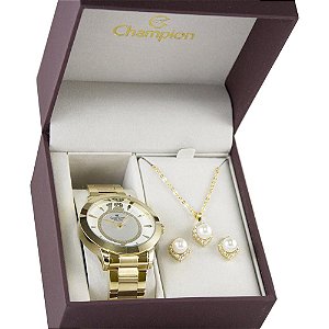 Kit Relógio Feminino Champion CH24259D Analogico - Dourado