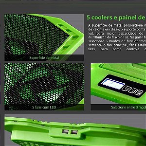 Cooler Para Notebook Warrior AC292 Zelda 5 Ventoinhas Verde