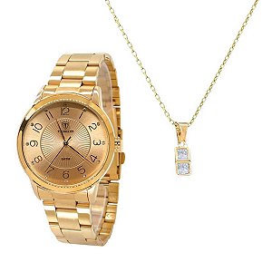 Relógio Feminino Tuguir + Colar TG145 TG35023 - Dourado