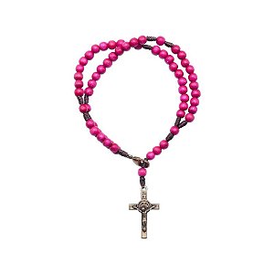 Pulseira Terço Rosa Madeira e Cruz com Medalha de São Bento- Toque o Céu