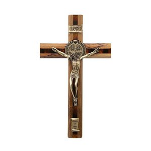 Crucifixo Madeira Parede 26CM C/Med. São Bento com Friso em Acrílico Mesclado