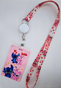 Kit Cordão + Porta Crachá Retrátil + Porta Cartão Emborrachado Stitch Angela