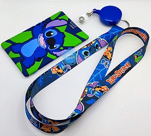 Kit Cordão + Porta Crachá Retrátil + Porta Cartão Emborrachado Stitch