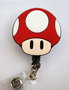 Porta Crachá Retrátil com Aplique Cogumelo Vermelho