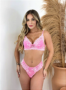 Conjunto Renda Rosa/Branco com Bojo