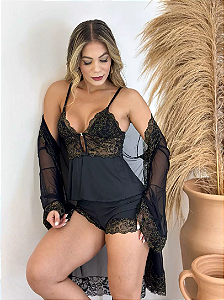 Kit Baby Doll Alice + Robe em Tule - Preto/Dourado