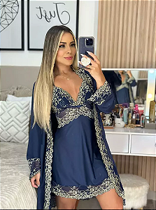 Kit Robe + Camisola + Calcinha - Azul Marinho