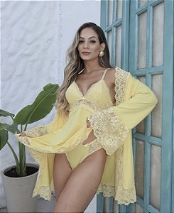 Kit Robe + Camisola + Calcinha - Amarelo