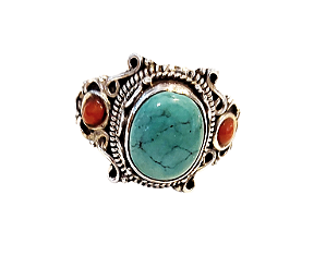 Anel prata 925 com pedra natural turquesa e coral