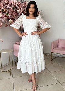 VESTIDO MIDI EM RENDA E MUSSELINE PARA CASAMENTO CIVIL, BATIZADO, CULTO ECUMÊNICO, NOIVADO E OUTROS