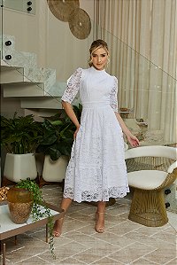 VESTIDO MIDI BRANCO EM RENDA