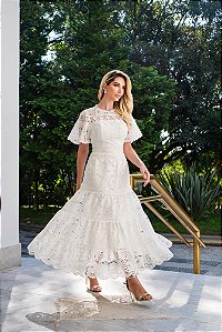 VESTIDO MIDI EM RENDA PARA CASAMENTO CIVIL, BATIZADO, CULTO ECUMÊNICO, NOIVADO E OUTROS