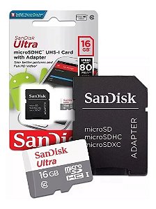 Cartão de Memória Sandisk Micro SD 16GB Ultra 80MB/S C10 SDSQUNR-016G-GN3MA