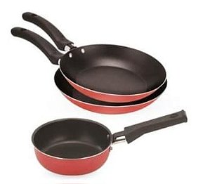 Conjunto de Frigideiras Francesa Antiaderente 3 peças Vermelho + Alumínio Nacional  (N° 14, N° 16 e N° 20)