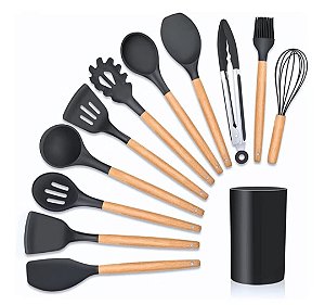 Jogo de Cozinha Kit C/12 Peças de Silicone - Utensílios e Copo Suporte para Cozinha Cabo de Madeira preto