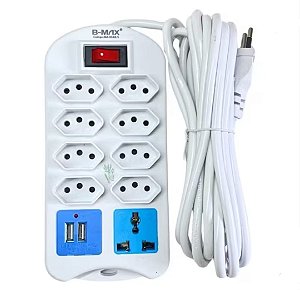 Extensão Elétrica 9 tomadas 2 metros Bivolt com 2 USB filtro de linha
