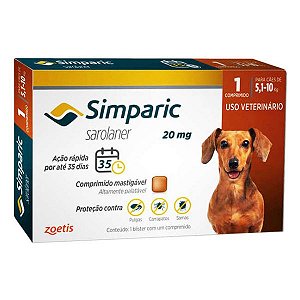 Antipulgas e Carrapatos Simparic 20 mg Para Cães de 5,1 a 10 Kg