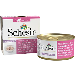 Lata Schesir Nature Para Gatos Adultos Sabor Atum, Frango e Arroz - 85 g