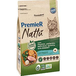 Ração Premier Nattu Para Gatos Adultos Castrados Sabor Frango, Abóbora, Brócolis, Quinoa e Blueberry