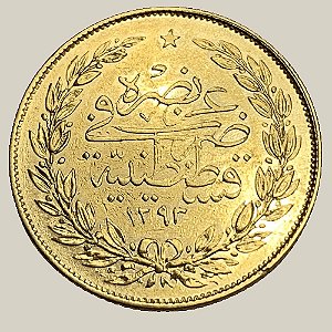Moeda de Ouro de 100 Kurus, Império Otomano - Ano: 1876 - Sultão Abdul Hamid II