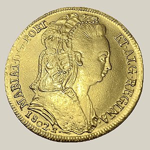 Moeda de Ouro de 6.400 Réis, Brasil Colônia - Ano: 1802 R - Maria I (Véu Toucado)