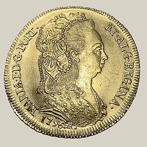 Moeda de Ouro de 6.400 Réis, Brasil Colônia - Ano: 1796 R - Maria I (Véu Toucado)