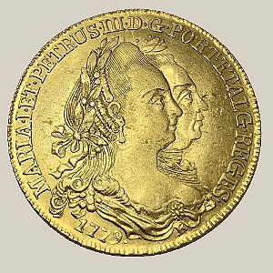 Moeda de Ouro de 6.400 Réis, Brasil Colônia - Ano: 1779 R - D. Maria I e D. Pedro III