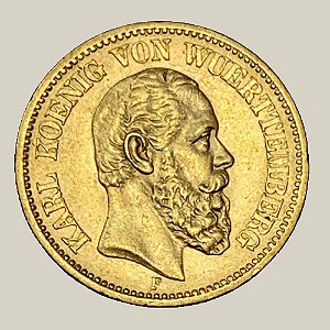 Moeda de Ouro de 20 Marcos, Império Alemão - Ano: 1873 - Rei Carlos I de Württemberg