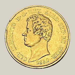 Moeda de Ouro de 20 Liras, Sardenha - Ano: 1832 - Carlos Alberto