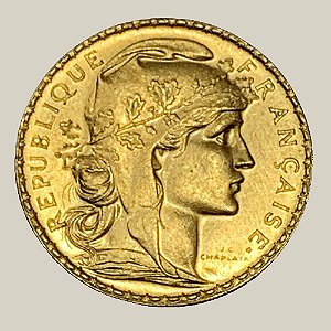 Moeda de Ouro de 20 Francos, França - Ano: 1907