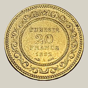 Moeda de Ouro de 20 Francos, Tunísia - Ano: 1892 - Protectorado Francês
