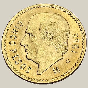 Moeda de Ouro de 5 Pesos, México - Ano: 1955
