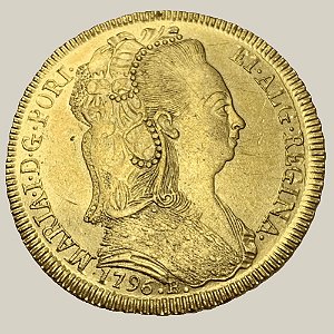 Moeda de Ouro de 6.400 Réis, Brasil Colônia - Ano: 1796 R - Maria I (Véu Toucado)