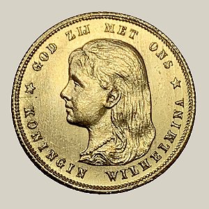 Moeda de Ouro de 10 Florins, Holanda - Ano: 1897 - Rainha Guilhermina dos Países Baixos