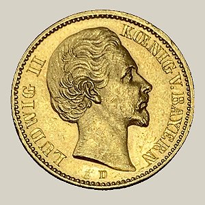 Moeda de Ouro de 20 Marcos, Império Alemão - Ano: 1873 - Rei Luís II da Baviera