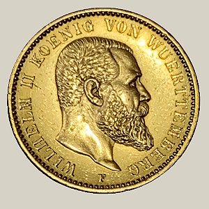 Moeda de Ouro de 20 Marcos, Império Alemão - Ano: 1894 - Rei Guilherme II de Württemberg